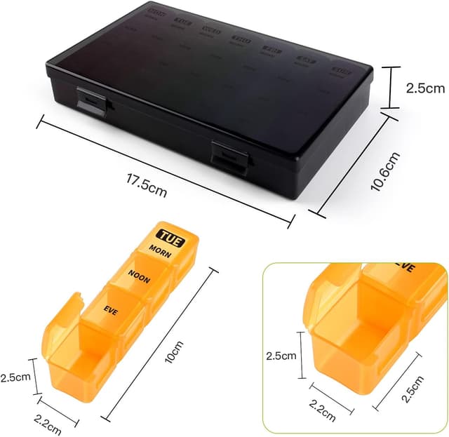 Detalle de Opret Weekly Pill Organiser – 7-day, 4-times-a-day tablet box with removable daily cases and 28 compartments (Black-Rainbow)