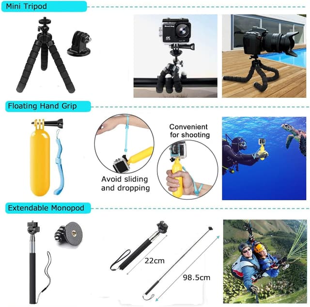 Detalle de Bonvvie Action-Kamera Zubehörset 50-teilig (kompatibel u. a. mit Hero 13/12/11/10, Osmo Action & Insta360)