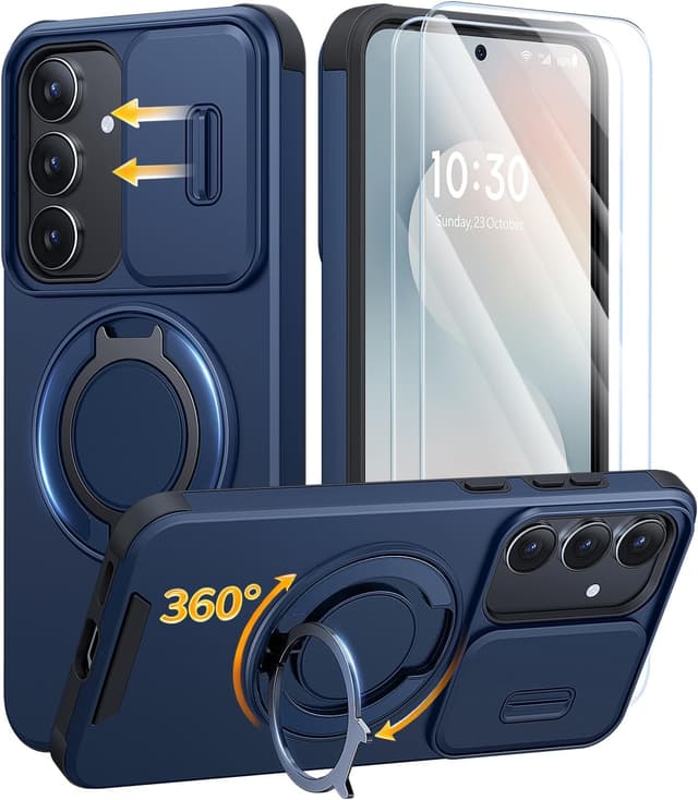 Detalle de AOUIA Hülle für Samsung Galaxy S25 FE mit 2× Panzerglas, Kameraschutz & 360° Ring-Kickstand – stoßfest, blau