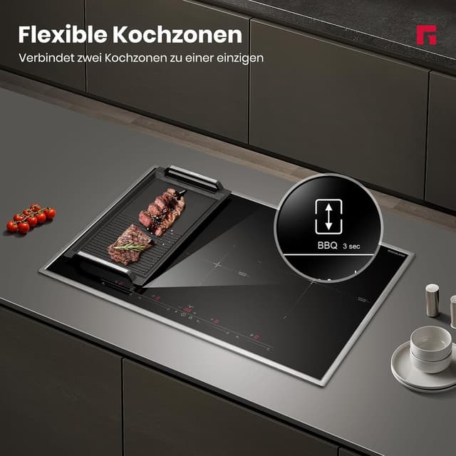 Detalle de GASLAND IH774BFB Plaque de cuisson induction encastrable 77 cm – 4 foyers, cadre inox, zone BBQ