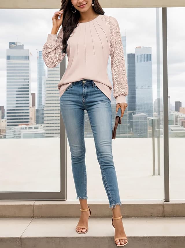 Detalle de Timuspo Spitzen Oberteil Damen aus Waffelstrick – Rundhals Tunika mit langen Ärmeln