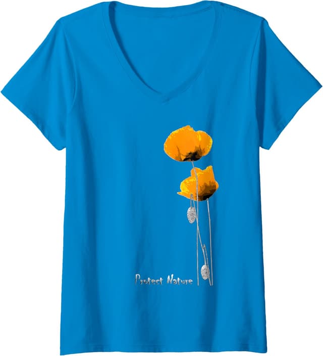 Detalle de Femme Protect Nature T-shirt col V « Pavots Orange et Abeille »