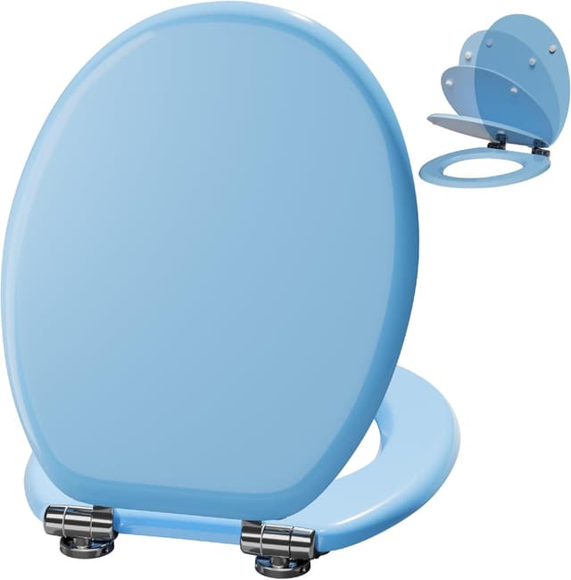 Detalle de Angel Shield Wooden Toilet Seat with Adjustable Soft Close Hinges (Blue) – Quick Release & Removable Lid