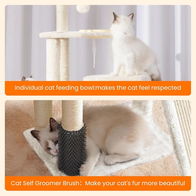 Detalle de Heybly Cat Tree with Self Groomer Brush (108cm) HCT005SM – beige cat tower with scratching post, padded perch & basket