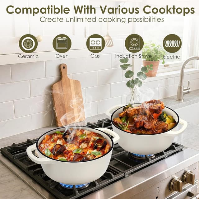 Detalle 2 de AIVIKI 5QT Enameled Cast Iron Dutch Oven Pot (Cream White) with Lid — Oven-Safe Up to 500°F