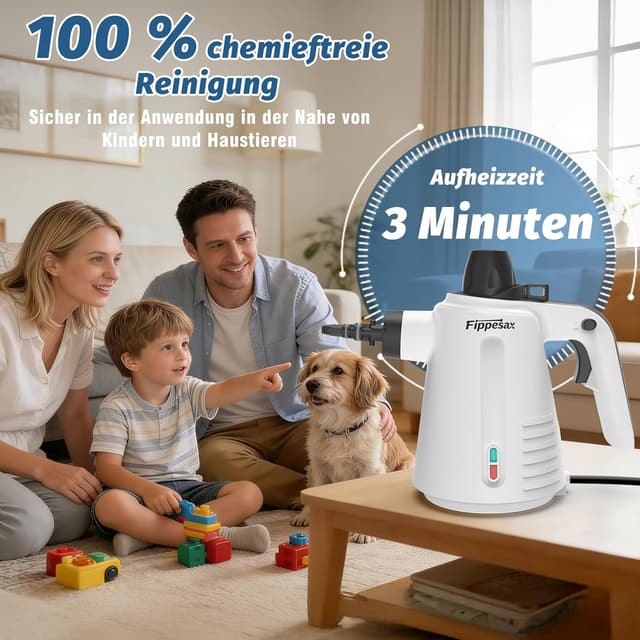 Detalle 2 de Hand-Dampfreiniger 1050 W mit 3,5 bar Dampfdruck und 9 Zubehörteilen – chemiefrei für Haushalt & Küche