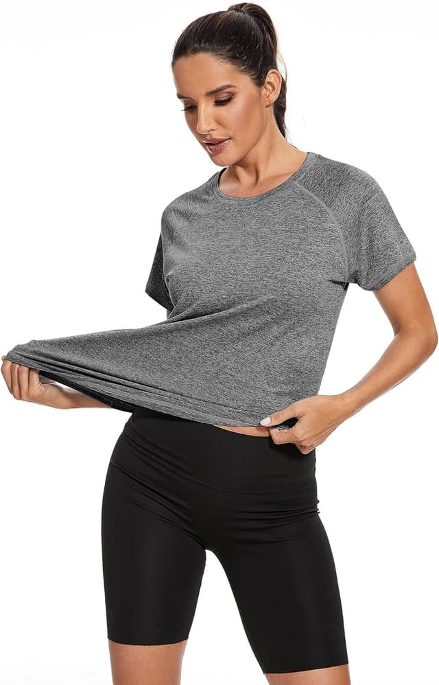 Detalle de Gyabnw Damen Sportshirt mit Rundhals und atmungsaktivem Mesh-Design für Lauftraining, Yoga & Fitness
