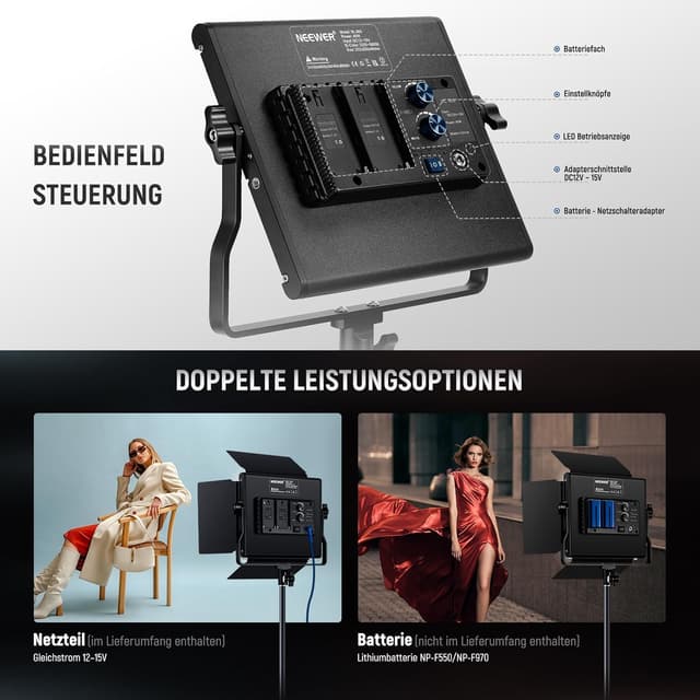 Detalle 2 de NEEWER 2 STK Bi-Color 660 LED Videolicht-Set (3200K–5600K, CRI 96+, dimmbar) mit 2 Stativen