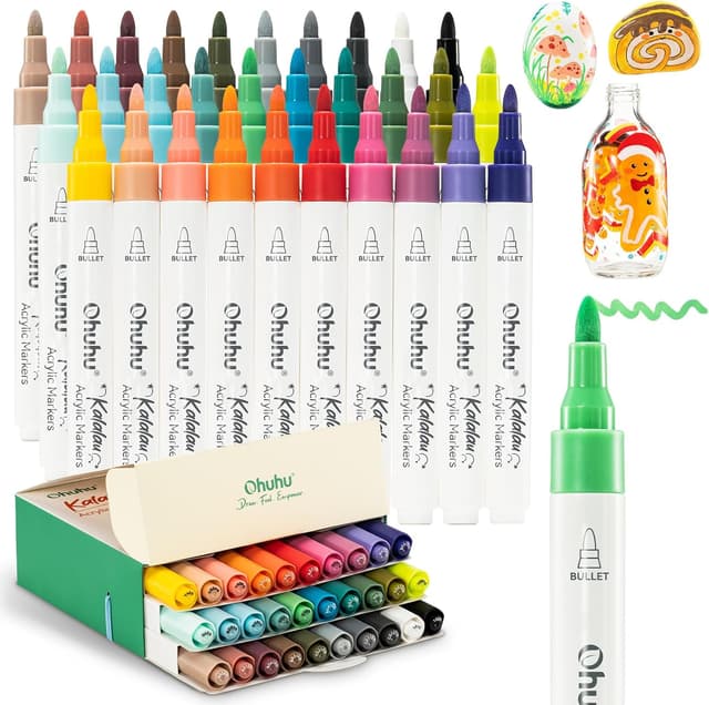 Detalle de Ohuhu – Marqueurs de peinture acrylique à noyau en coton, 30 couleurs (pointe ogive) pour roche, bois et œufs