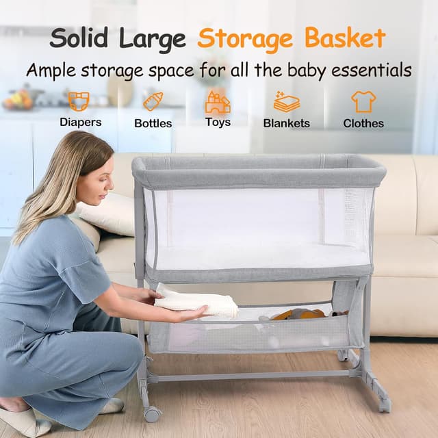 Detalle 2 de Growaystory Beistellbett Baby (Co-Sleeper) mit Rädern, 7-fach höhenverstellbar – Hellgrau