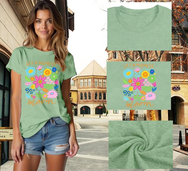 Detalle de Qskall Women’s “Flora Be Kind” T-Shirt – “Let Kindness Bloom” inspirational floral top