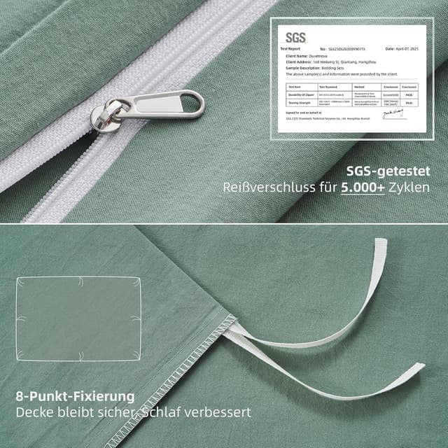 Detalle de Duvetnova Bettwäsche 220x240 cm aus vorgewaschener Baumwolle (grün) mit Reißverschluss