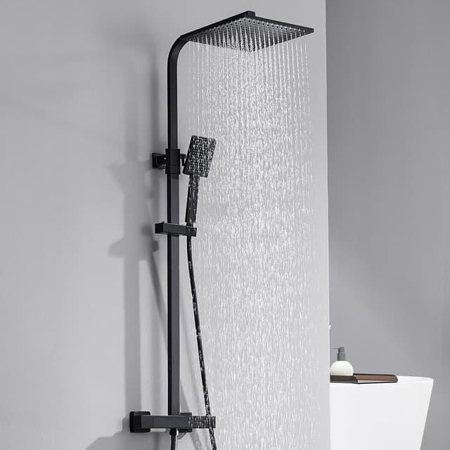 Detalle de Auralum Regendusche Komplettset mit Thermostat – schwarz, 25×25 cm Quadratrose, höhenverstellbare Edelstahl-Duschstange (Messingarmatur)