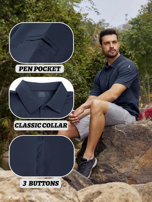 Detalle de Polo KEFITEVD à séchage rapide pour homme – manches courtes, polyester piqué léger