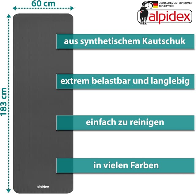 Detalle de ALPIDEX Yogamatte 183 x 60 x 0,8 cm (phthalatfrei) mit Tragegurt – rutschfest für Yoga, Pilates & Gymnastik