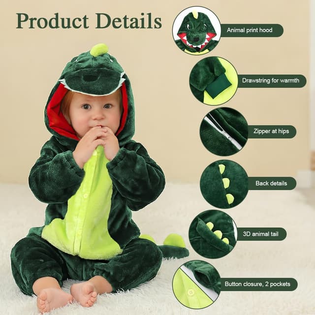 Detalle de Costume da dinosauro AYBUY per bambino con cappuccio e tuta (verde, unisex)