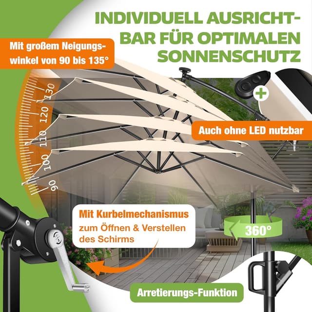 Detalle 1 de KESSER® Alu Ampelschirm LED Solar mit 24 LED, Kurbel, 360°-Funktion und Abdeckung