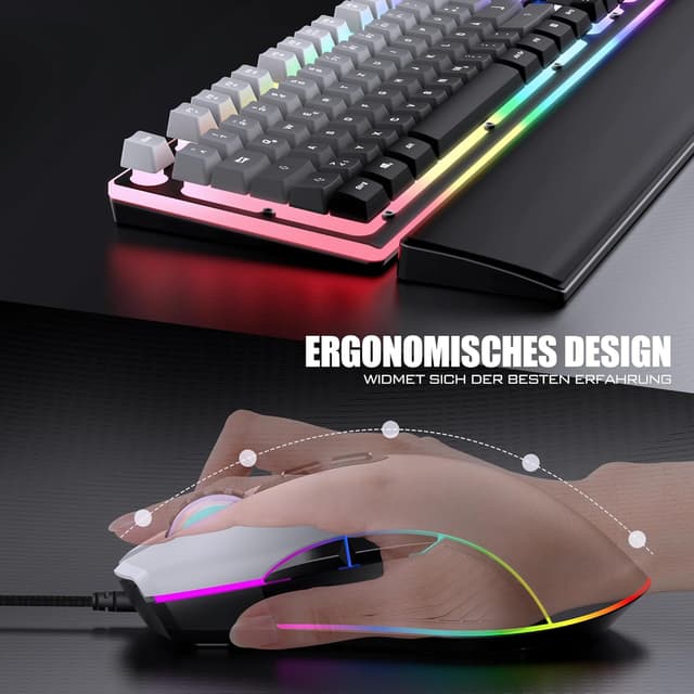 Detalle de RedThunder K10 Gaming Tastatur & Maus Set (QWERTZ, 26KRO, RGB) inkl. weicher Leder-Handballenauflage