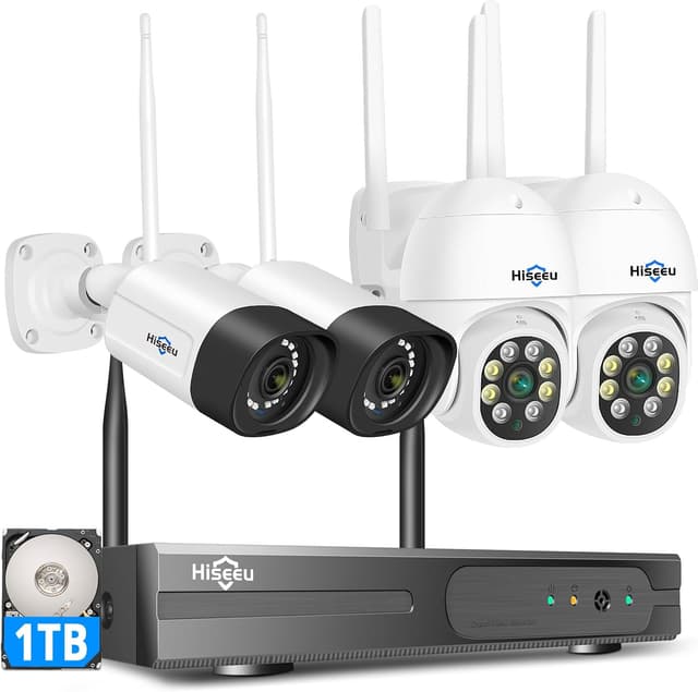 Detalle de Kit videosorveglianza WiFi Hiseeu 5MP PTZ+5MP con NVR 10CH, 4 telecamere e visione notturna a colori