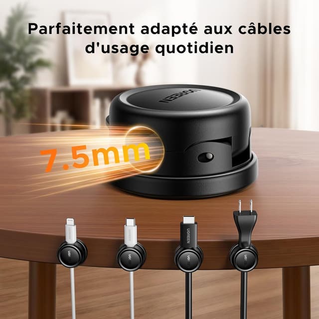 Detalle 2 de UGREEN 6 pièces organiseurs de câbles magnétiques rotatifs à 360° (noir) — clips autocollants pour bureau