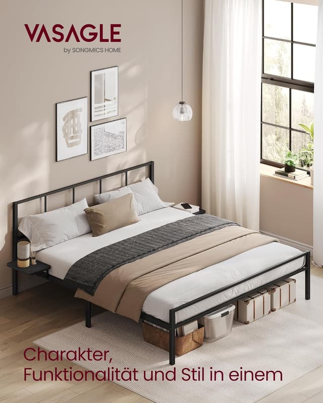 Detalle de VASAGLE Doppelbettgestell 160 x 200 cm aus Metall mit Kopfteil und Aufbewahrungsregalen (mattschwarz)