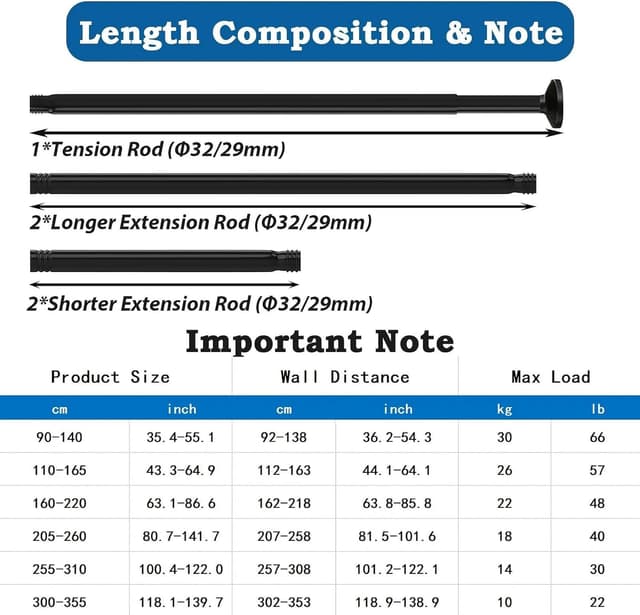 Detalle de Aiitomg No-Drill Curtain Pole, 400 cm extendable shower rail (350–405 cm), black