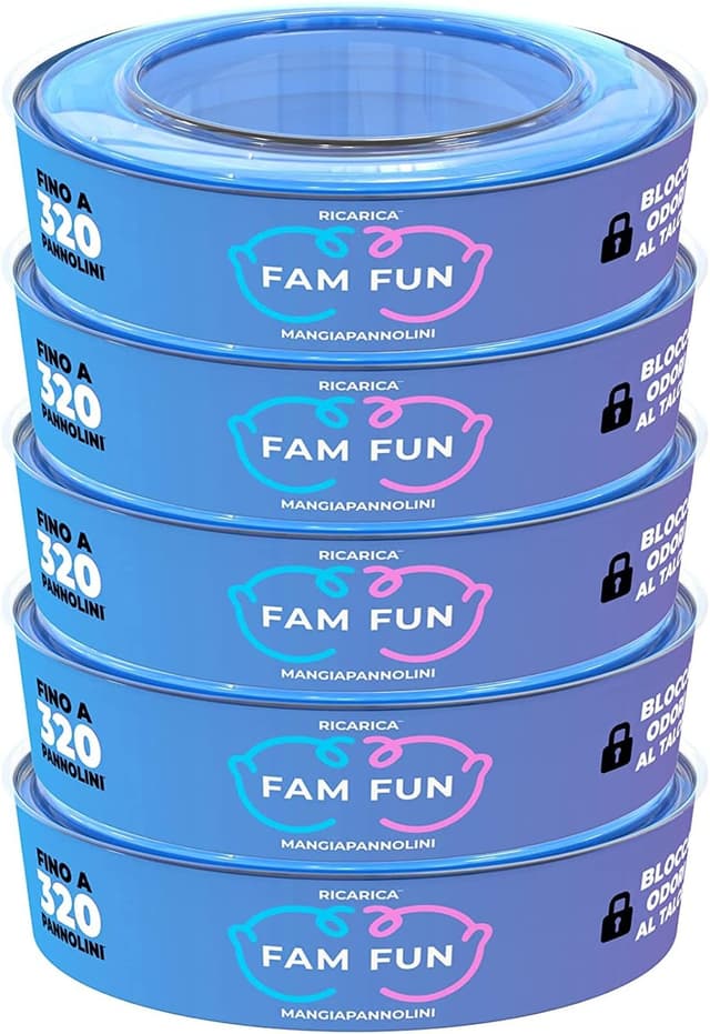 Detalle de Fam Fun – 5 ricariche profumate compatibili con contenitori per pannolini Maialino, Foppapedretti, AngelCare e altri (extra lunghe)
