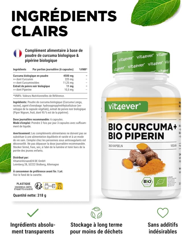 Detalle de vit4ever Curcuma Bio au Poivre Noir – 365 capsules véganes, curcumine & pipérine