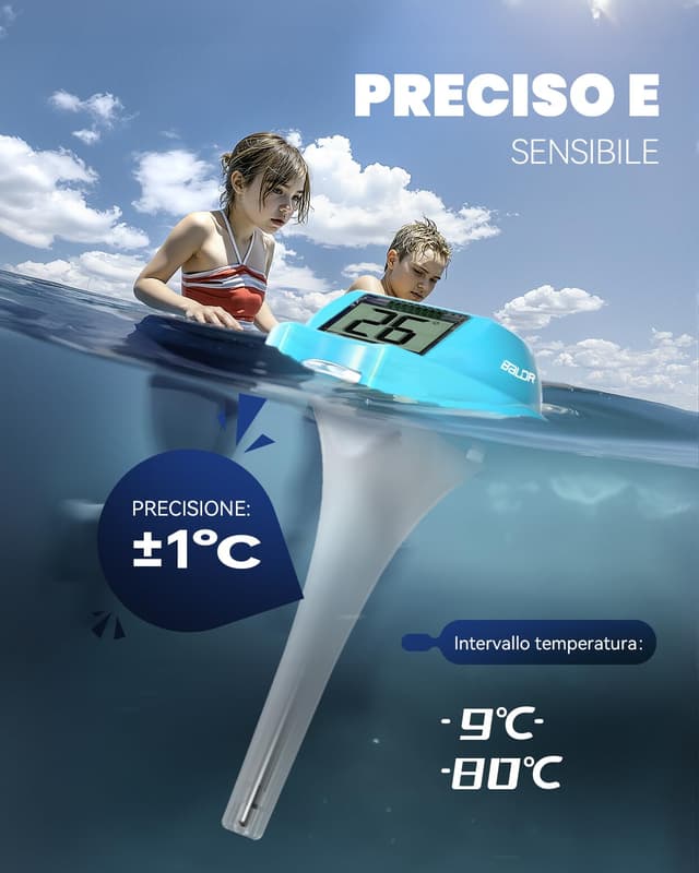 Detalle de Termometro galleggiante Baldr Solare con doppio display anti-riflesso IPX7 per piscine e SPA (blu)
