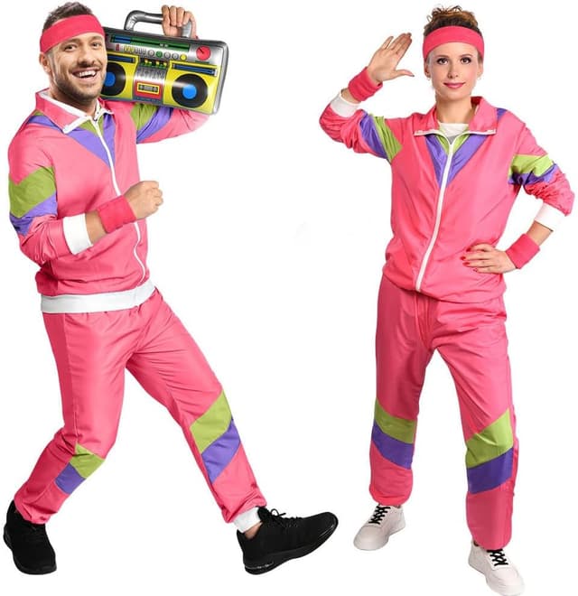 Detalle de Déguisement années 80 Aomig : survêtement disco rétro avec veste et pantalon (rose/rouge, taille M)