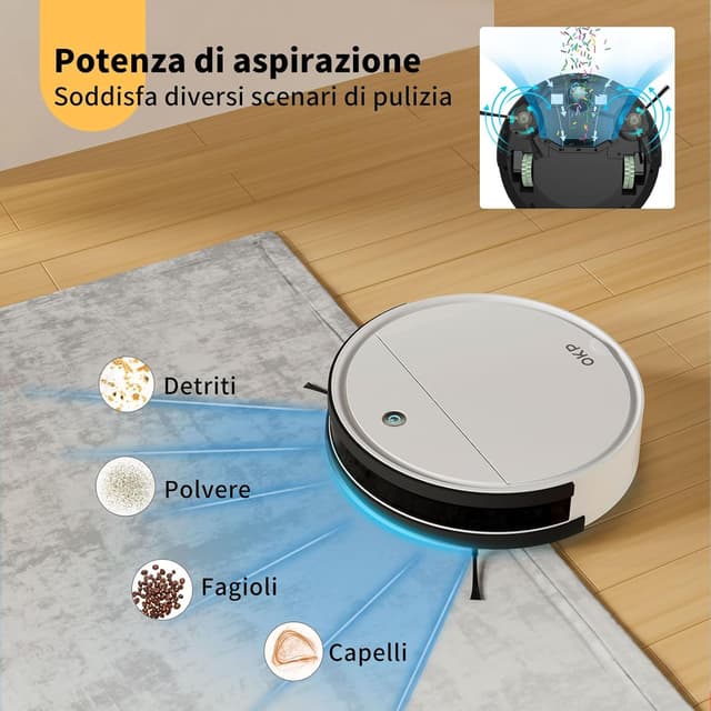 Detalle de OKP K5 Robot Aspirapolvere con telecomando, 2500Pa e navigazione intelligente PSD (Wi‑Fi/App/Alexa)