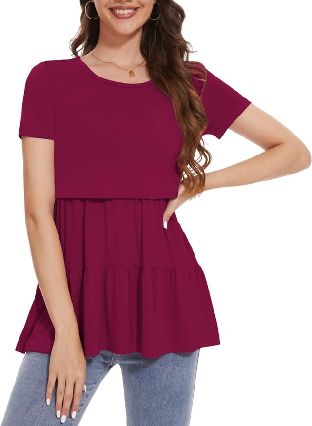 Detalle de Bearsland Women’s Nursing Top 3er-Set mit kurzen Ärmeln und Schlupf-Ausschnitt (Stillshirt)