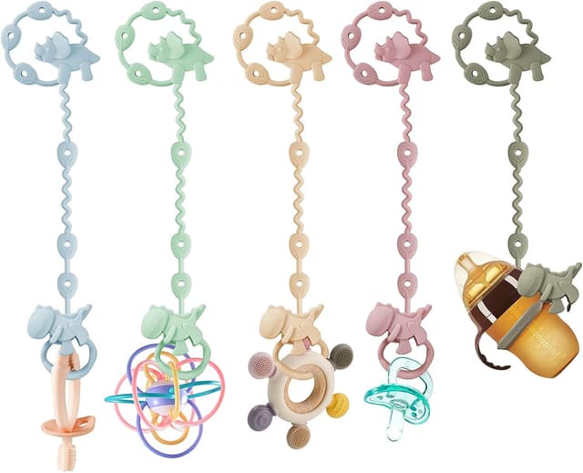 Detalle de PandaEar Silicone Toy Straps (5 Pack) with Dinosaur Clips – Adjustable Dummy Teether & Bottle Holders