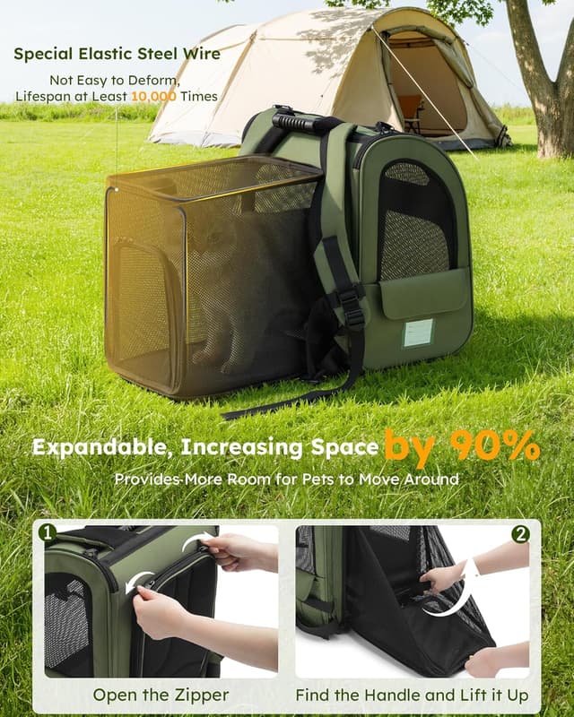 Detalle de Pecute Haustier Expansions Rucksack für Hund & Katze (erweiterbar, Front Opening, Mesh-Fenster) – dunkelgrün