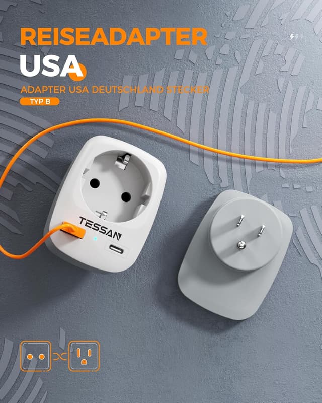 Detalle de TESSAN 2er Pack Reiseadapter USA (3-in-1) mit USB-C und USB-A – für USA/Kanada/Mexiko/Thailand, 1250 W