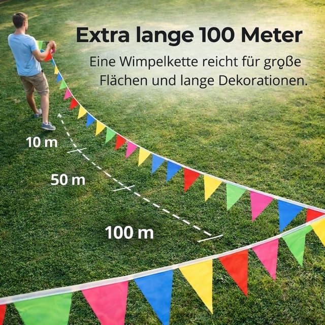 Detalle de XXL Wimpelkette Stoff 100 Meter bunt – Girlande & Banner für Indoor und Outdoor Deko