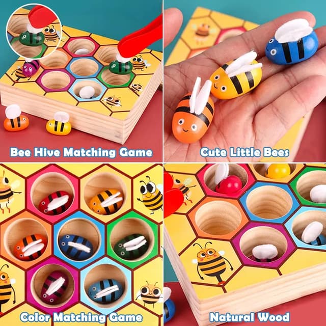 Detalle de YUNCHY Toddler Fine Motor Skill Toy: Bee to Hive Matching Game (Montessori wooden color sorting)