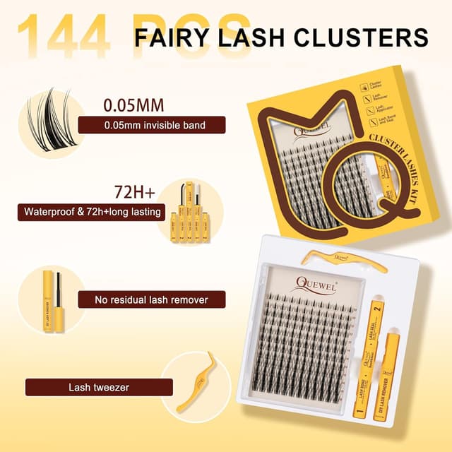 Detalle de QUEWEL Manga-Lashes Cluster-Lashes Set (144 Stück) DIY mit Kleber, Pinzette und Entferner – 10 bis 18 mm