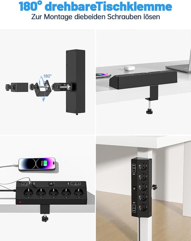 Detalle de PASSUS Tischsteckdose Steckdosenleiste mit Überspannungsschutz (4000 W / 16 A), 4 USB‑C & USB‑A, 2 m Kabel, schwarz