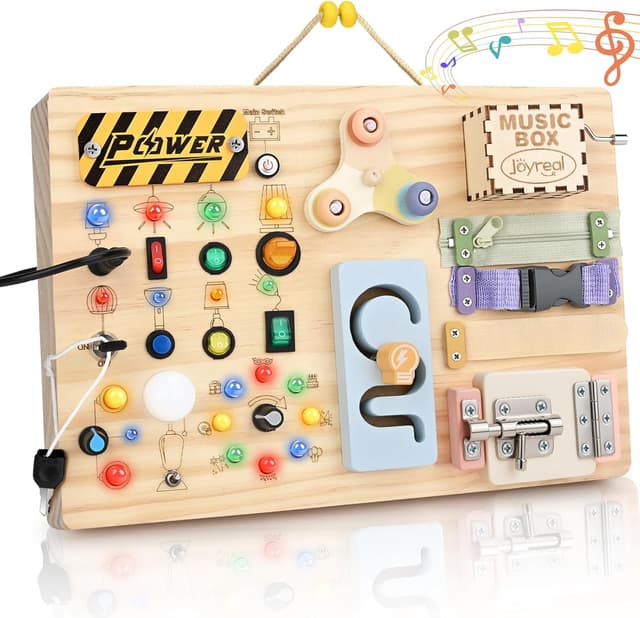 Detalle de Joyreal Montessori Busy Board 2-in-1 ab 1 Jahr – Holz Motorikspielzeug mit 20 LED-Lichtern