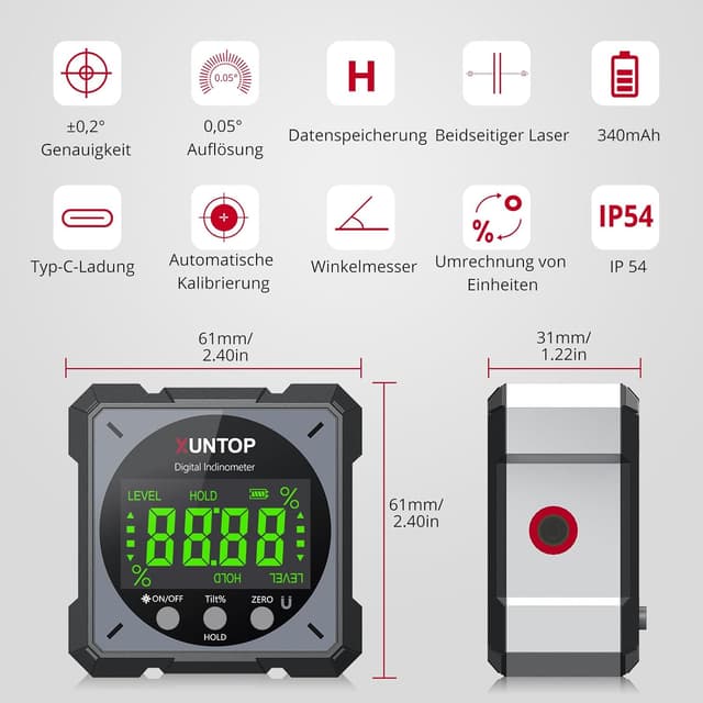 Detalle de XUNTOP Winkelmesser Neigungsmesser mit ±0,2°