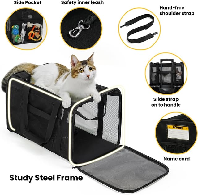 Thumbnail 6 de Conlun Katzentransportbox faltbar (Weiche Transporttasche) mit 4-seitigem Netz – bis 6 kg, 43 × 28 × 28 cm, Schwarz