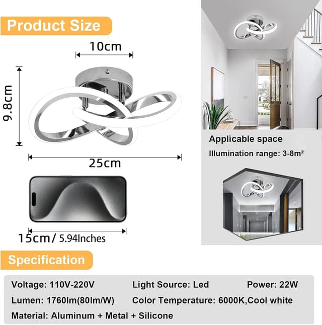 Detalle 2 de EIDISUNY Modern Chrome Ceiling Light 25cm 22W ⌁