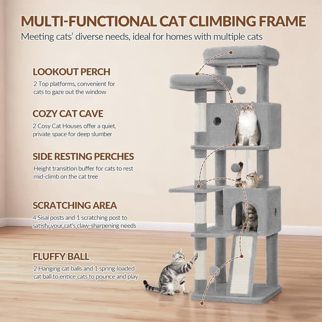 Detalle de Fobyfurny Albero Tiragraffi per Gatti 152 cm (FPMS004FG1) con pali in sisal e zona relax, grigio chiaro