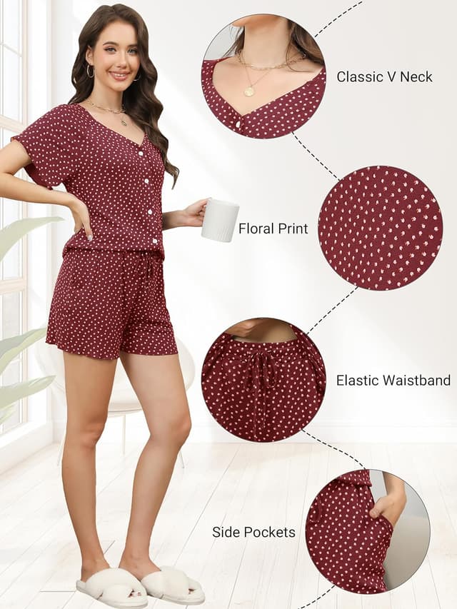 Detalle de Reliwel Damen-Schlafanzug kurz mit Knopfleiste aus Baumwolle (V-Ausschnitt, kurzarm) – 2-teiliges Pyjama-Set