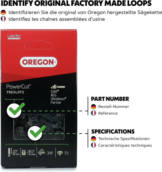 Detalle 2 de Oregon PowerCut 3/8" Teilung 0,063" Vollmeißel Sägekette (72 Treibglieder) für 20-Zoll-Schiene