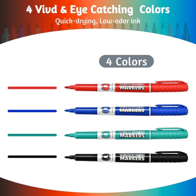 Detalle 2 de SUQJOY Whiteboard Pens (Medium Fine Tip) – Low Odour Dry Wipe Markers, 12-pack, 4 colours