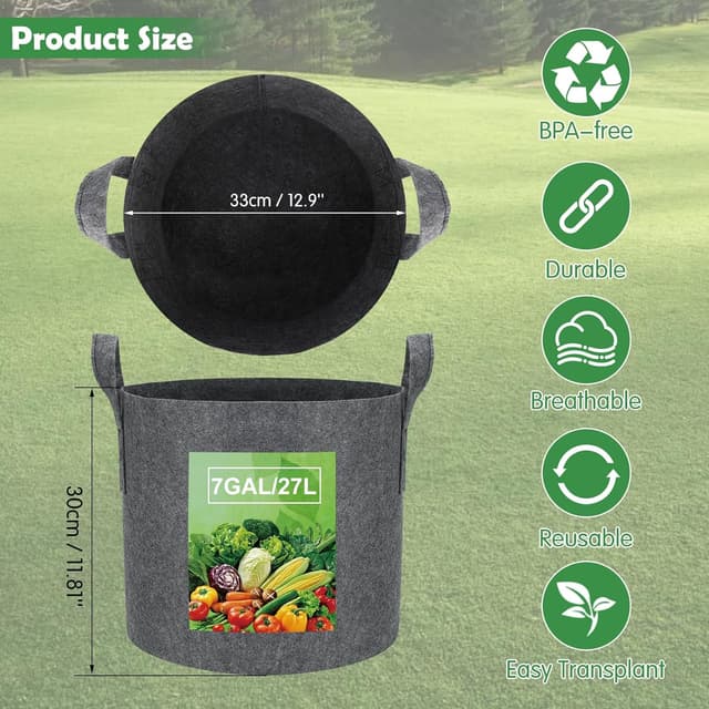 Detalle 2 de VIEWALL 27-l Pflanzsack aus Stoff (5er-Set) – atmungsaktiv belüftete Pflanztaschen mit Griffen für Kartoffeln, Tomaten & mehr