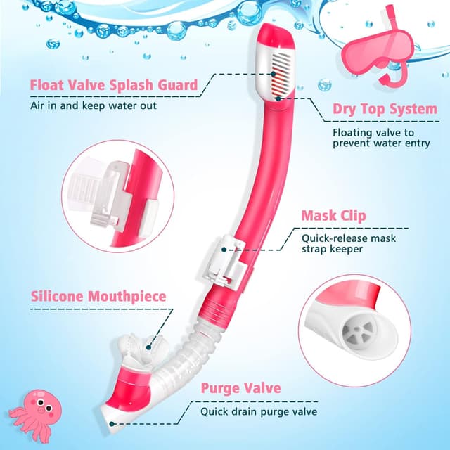 Detalle de HIKOTEY Kinder-Schnorchelset mit Panorama-Tauchmaske – trockenes Schnorchelset inkl. Anti-Fog und Ohrstöpsel
