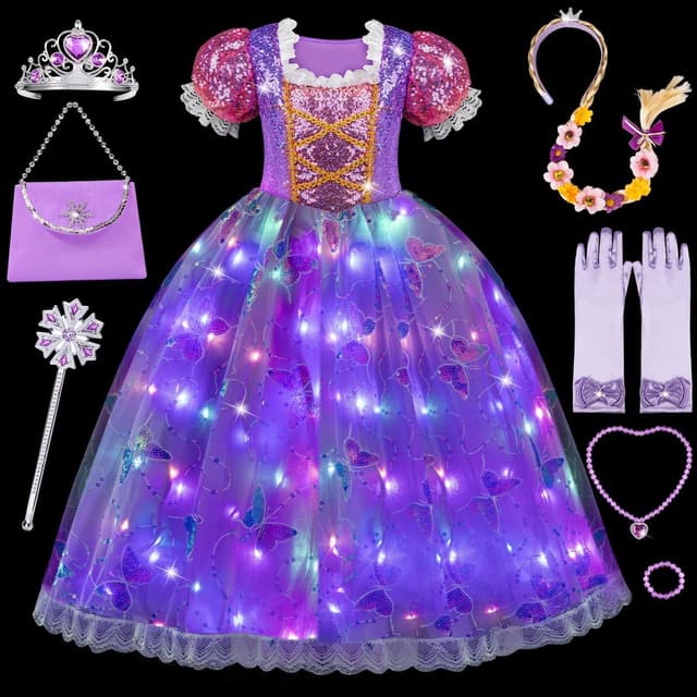 Thumbnail 6 de Meland Prinzessin-Kostüm Mädchen (Lila Prinzessin Kleid mit Perücke & Krone) – leuchtende Lichtkette, 3–10 Jahre